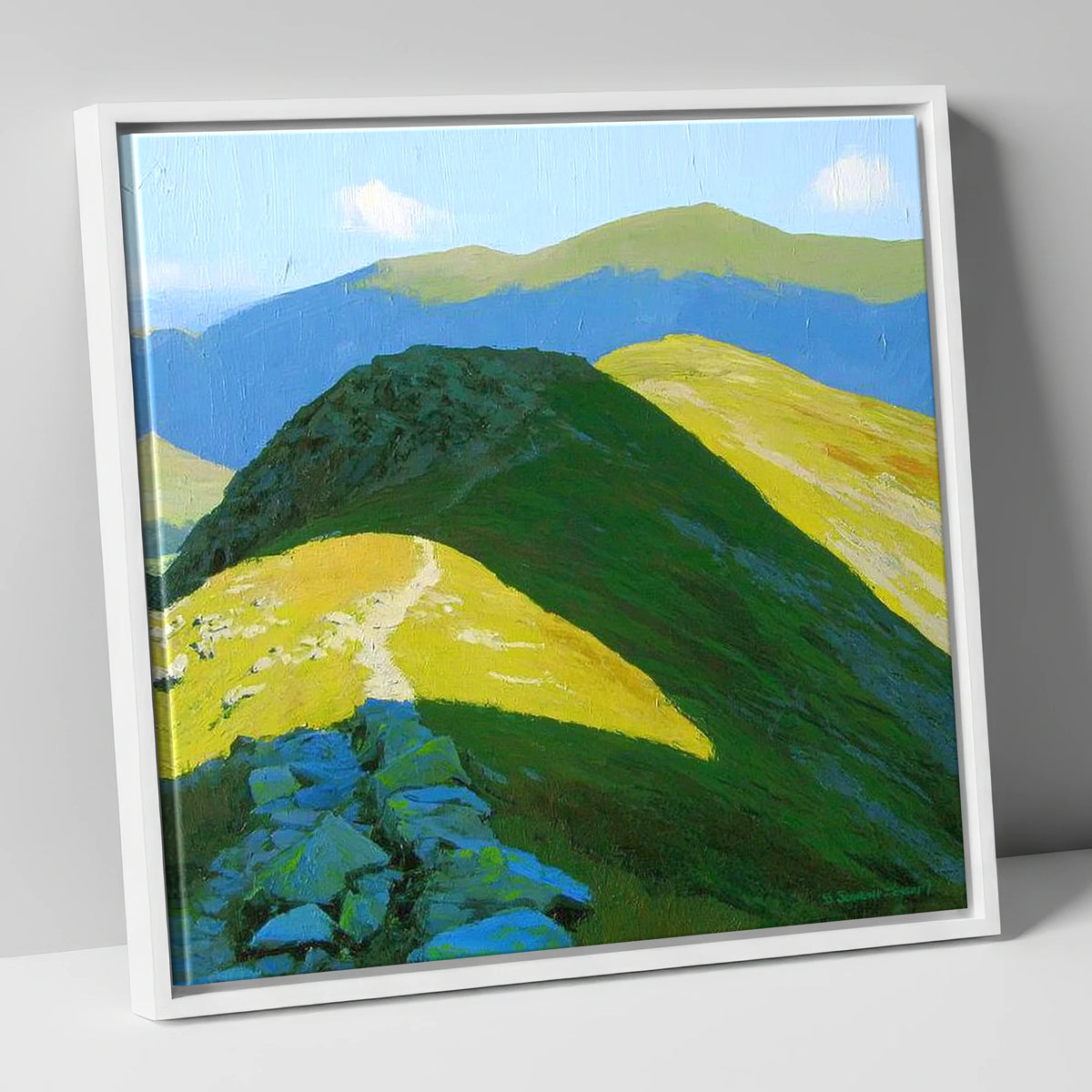 Sunlit Ridge to Cold Pike lake district fell canvas wall art in white frame