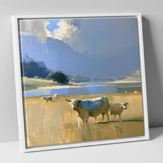 Highland Cattle Before Moody Fells lake district wildlife canvas wall art in white frame