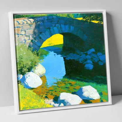 Vibrant Stone Bridge over Sunlit Beck lake district waterfall canvas wall art in white frame