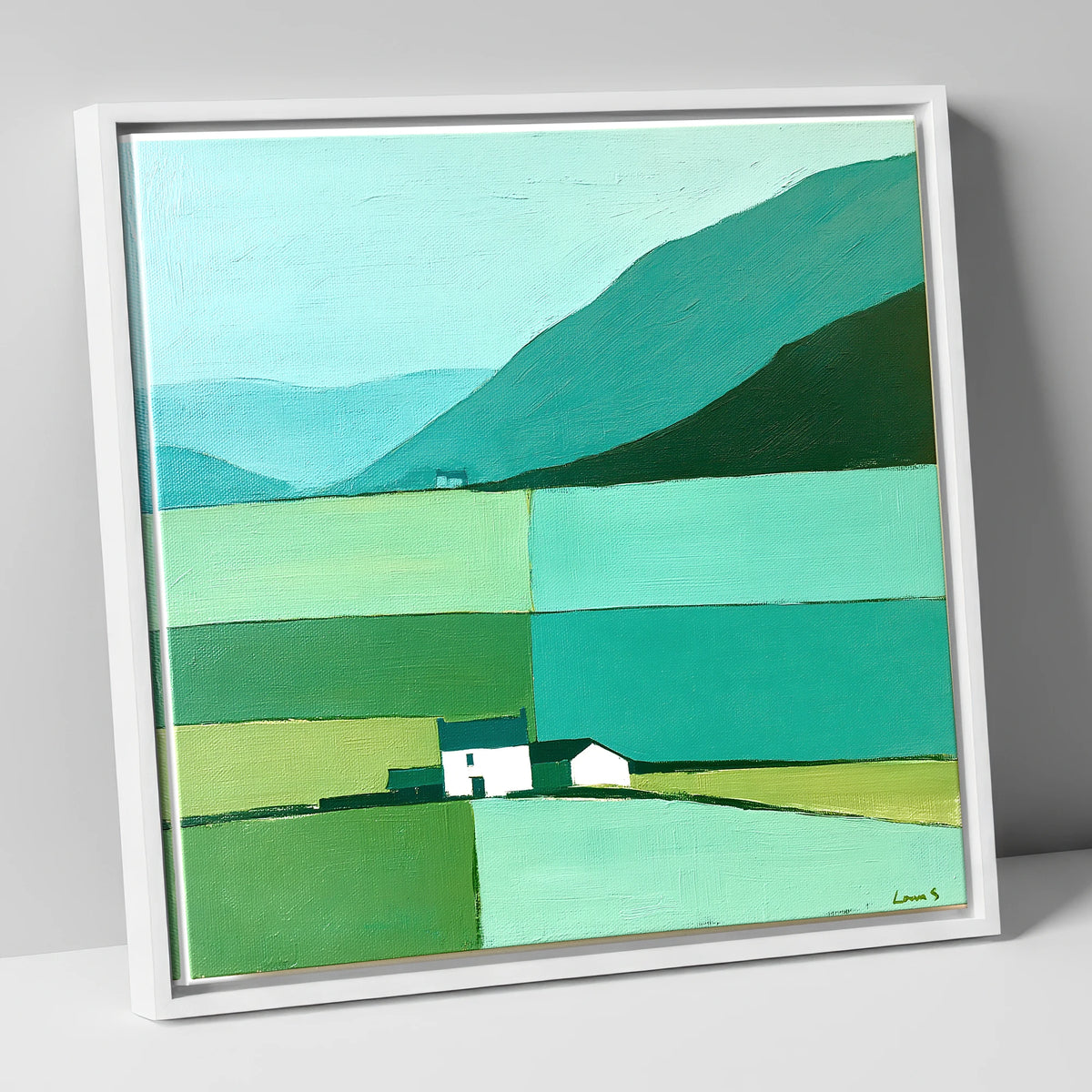 Grasmere Valley in Teal and Mint lake district lake canvas wall art in white frame