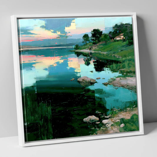 Pink Dawn Over Turquoise Lake lake district lake canvas wall art in white frame