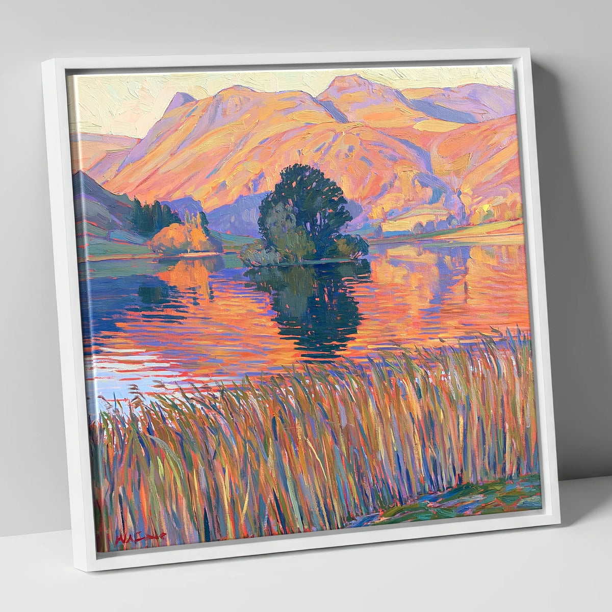 Vibrant Grasmere Island and Fells grasmere wall art canvas wall art in white frame
