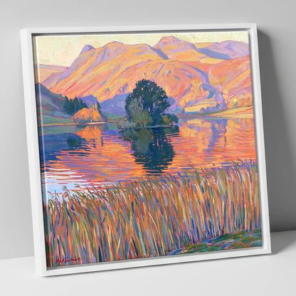 Vibrant Grasmere Island and Fells grasmere wall art canvas wall art in white frame