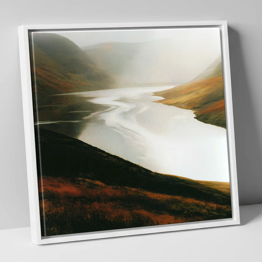Misty Lake and Copper Fells lake district lake canvas wall art in white frame