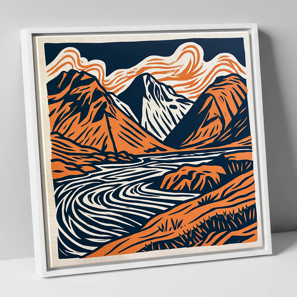 Bold Scafell Pike in Terracotta lake district fell canvas wall art in white frame