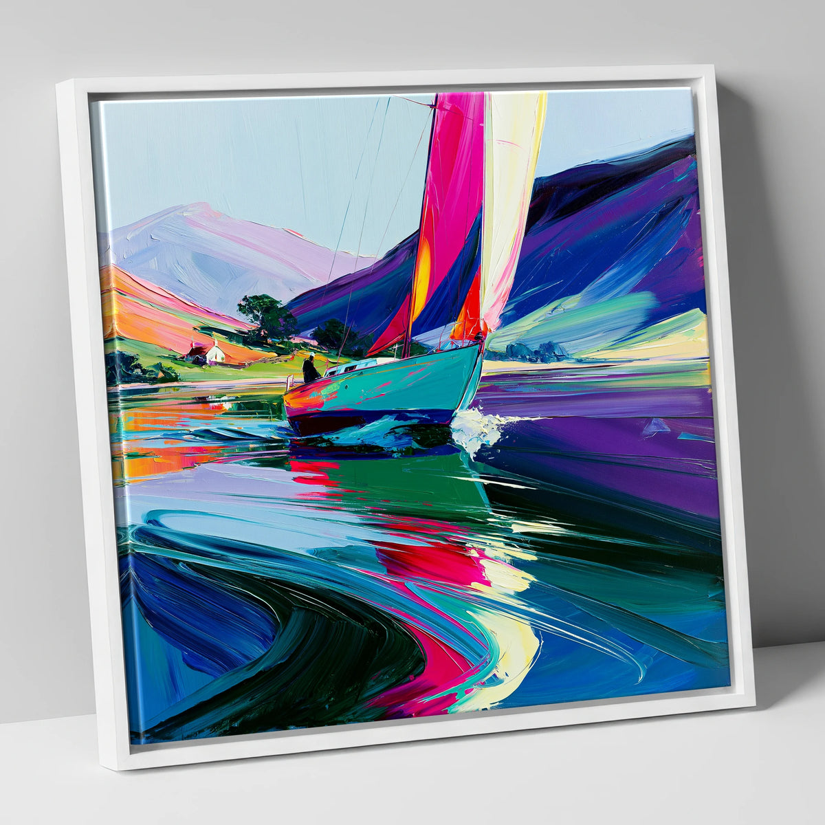 Vibrant Sailboat Beneath Purple Fells lake district walking canvas wall art in white frame