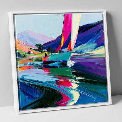Vibrant Sailboat Beneath Purple Fells lake district walking canvas wall art in white frame