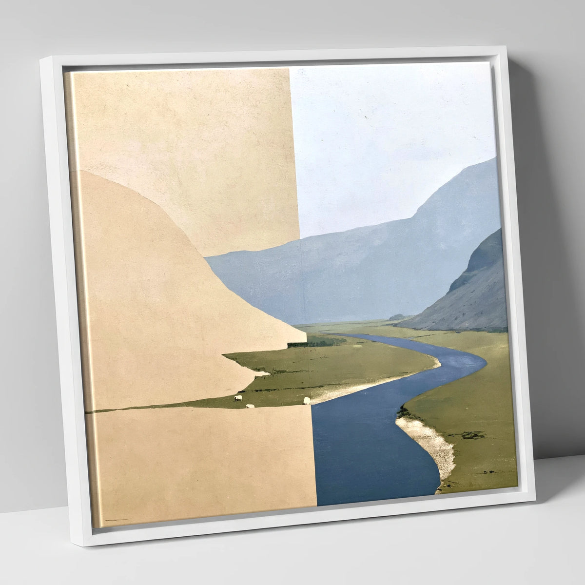 Meandering River through Ochre Valley Fells lake district valley canvas wall art in white frame