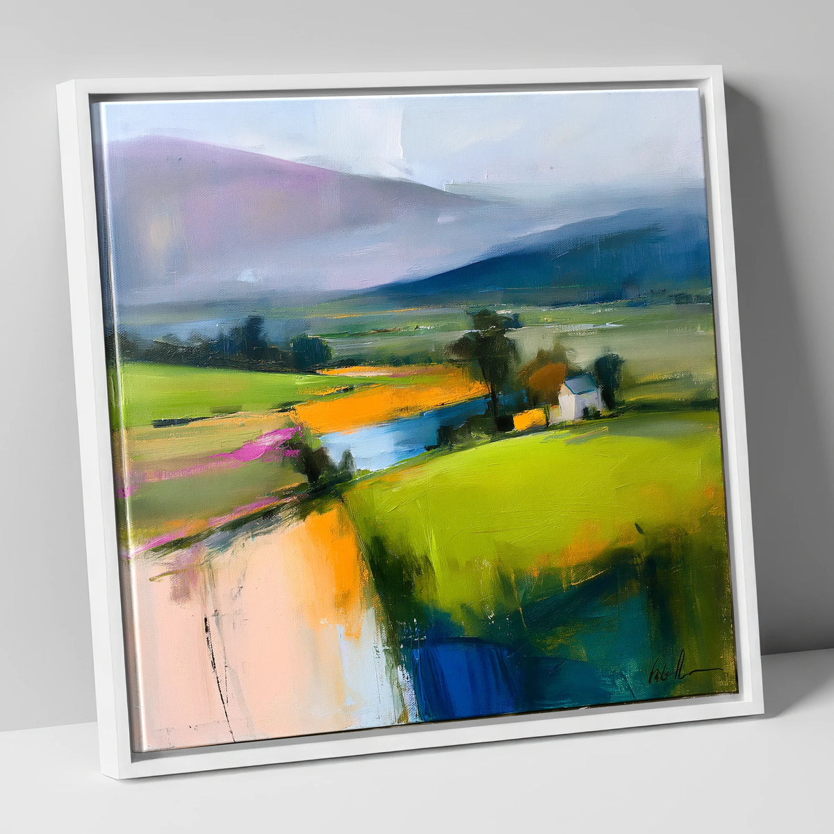 Vibrant Patchwork Valley Fields lake district valley canvas wall art in white frame