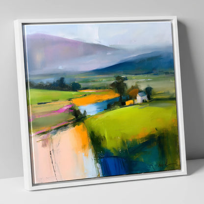 Vibrant Patchwork Valley Fields lake district valley canvas wall art in white frame