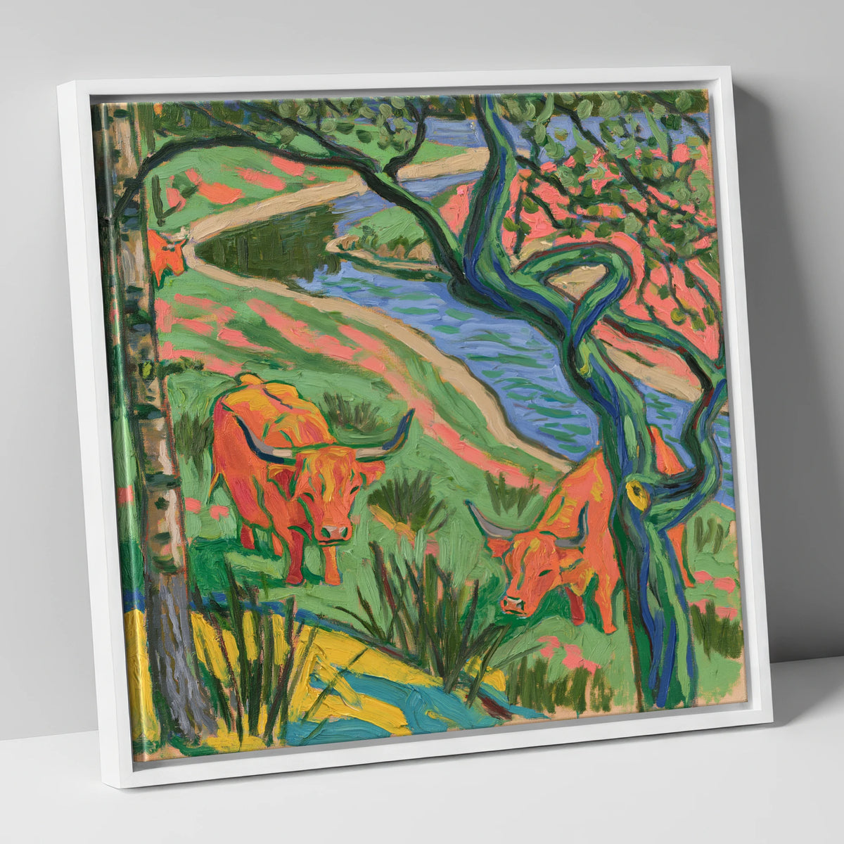 Vibrant Highland Cattle by the Beck lake district wildlife canvas wall art in white frame