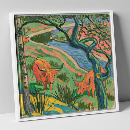 Vibrant Highland Cattle by the Beck lake district wildlife canvas wall art in white frame