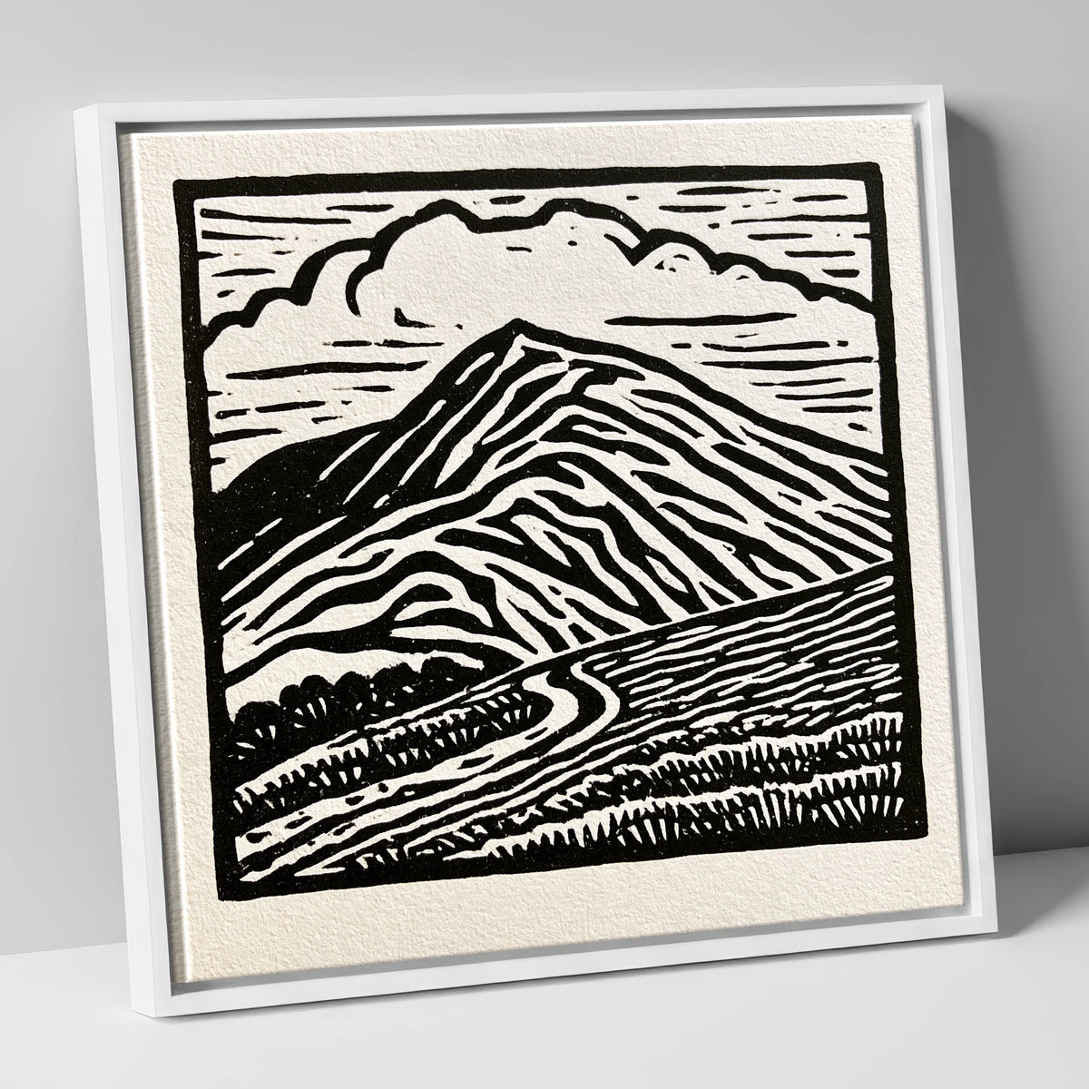 Black and White Blencathra Fell lake district fell canvas wall art in white frame