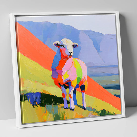 Vivid Herdwick on the Fells lake district wildlife canvas wall art in white frame