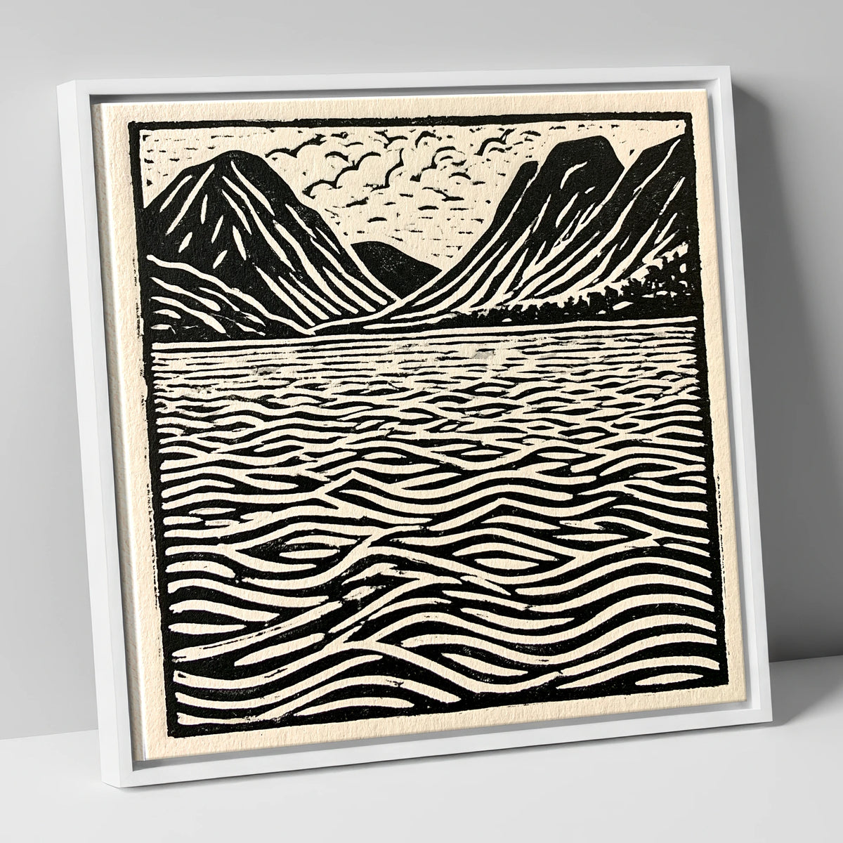 Bold Fells Over Dawn Waters lake district lake canvas wall art in white frame