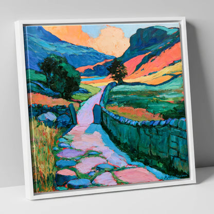 Vibrant Valley Path and Drystone Wall lake district valley canvas wall art in white frame