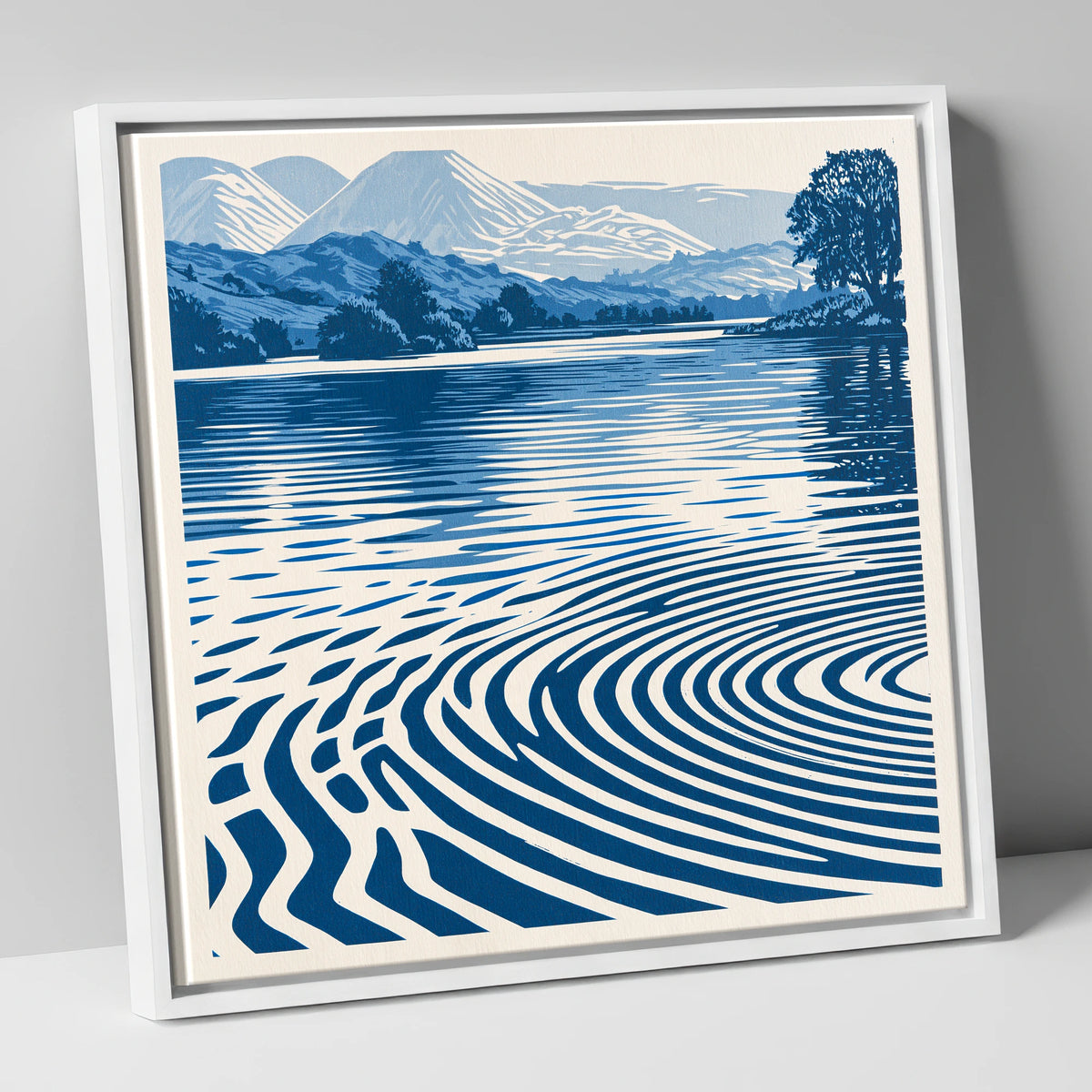 Calm Lake Ripples in Cobalt lake district lake canvas wall art in white frame