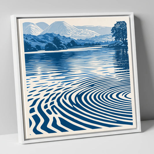 Calm Lake Ripples in Cobalt lake district lake canvas wall art in white frame