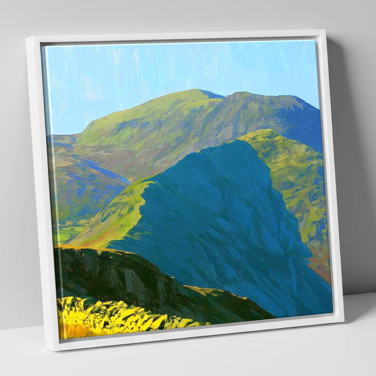 Sunlit Crags of Wetherlam Ridge lake district fell canvas wall art in white frame