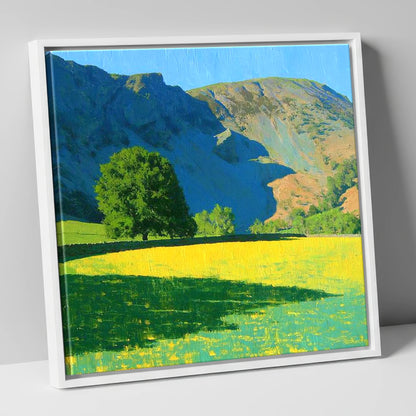 Sunlit Meadow Beneath Sheffield Pike lake district fell canvas wall art in white frame
