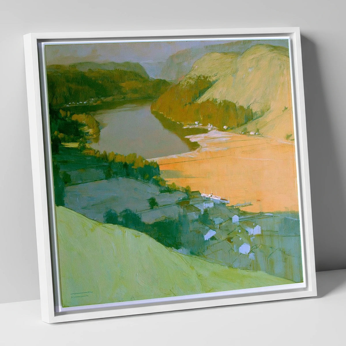 Glenridding and Ullswater Apricot Light lake district village canvas wall art in white frame