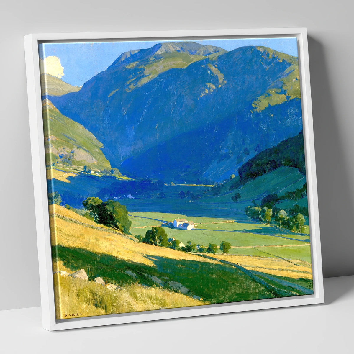 Sunlit Green Valley Between Fells lake district valley canvas wall art in white frame