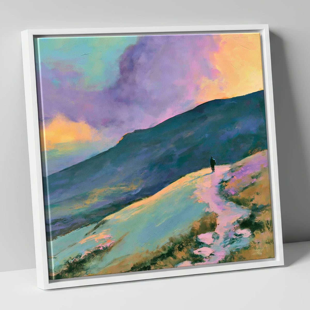 Lone Hiker Under Pastel Skies lake district walking canvas wall art in white frame