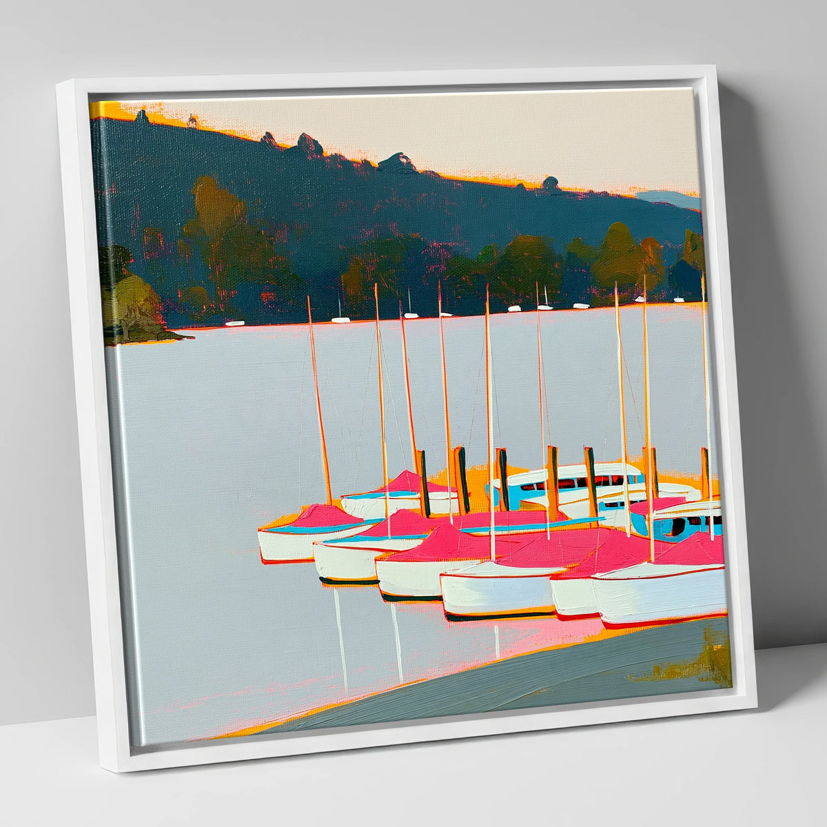 Vibrant Pink Boats on Windermere lake district lake canvas wall art in white frame
