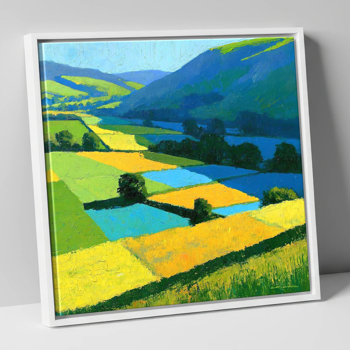 Cobalt And Yellow Dale Fields lake district valley canvas wall art in white frame
