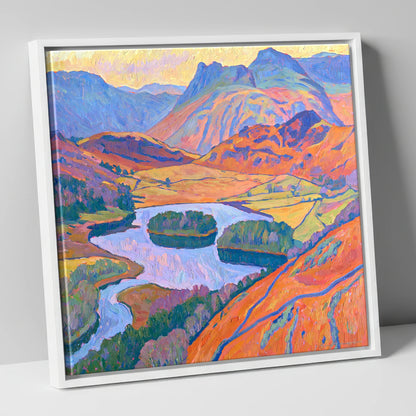 Radiant Fells Above Elter Water lake district lake canvas wall art in white frame