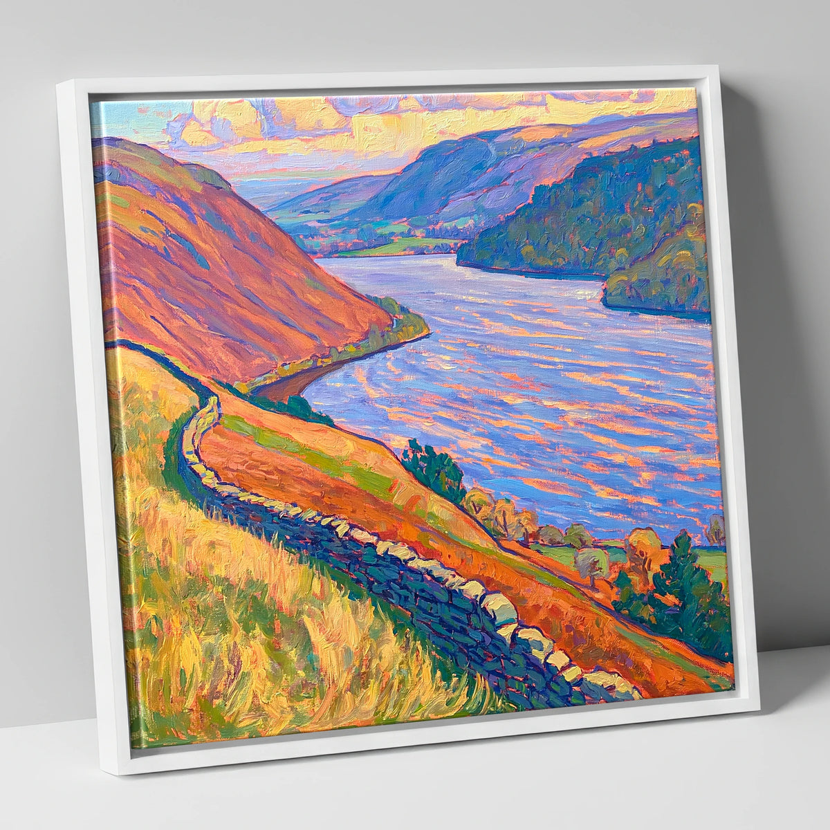 Vivid Ullswater Above Pooley Bridge lake district village canvas wall art in white frame