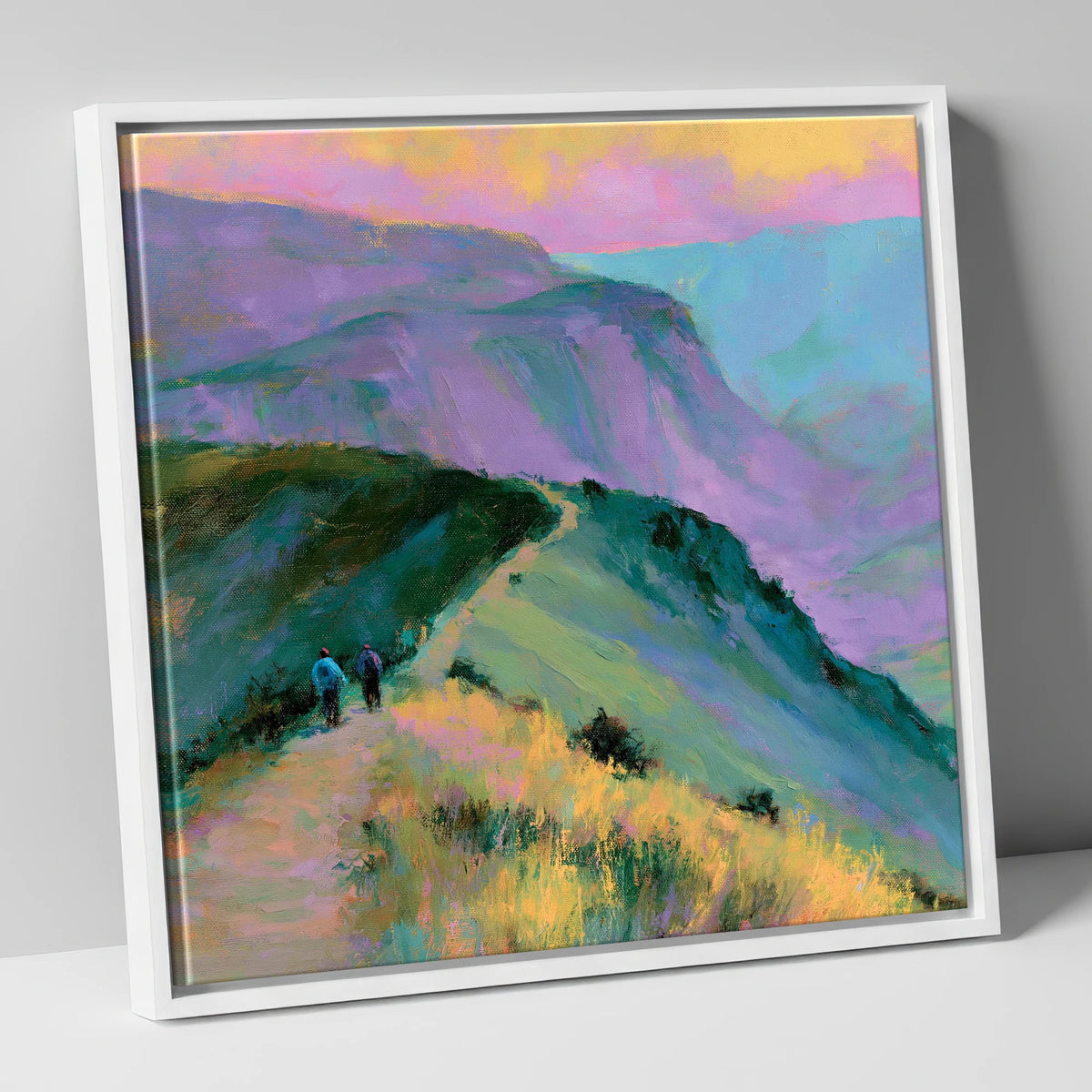 Fell Walkers in Pastel Light lake district walking canvas wall art in white frame