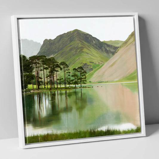 Buttermere Pines with Peach Reflections lake district lake canvas wall art in white frame