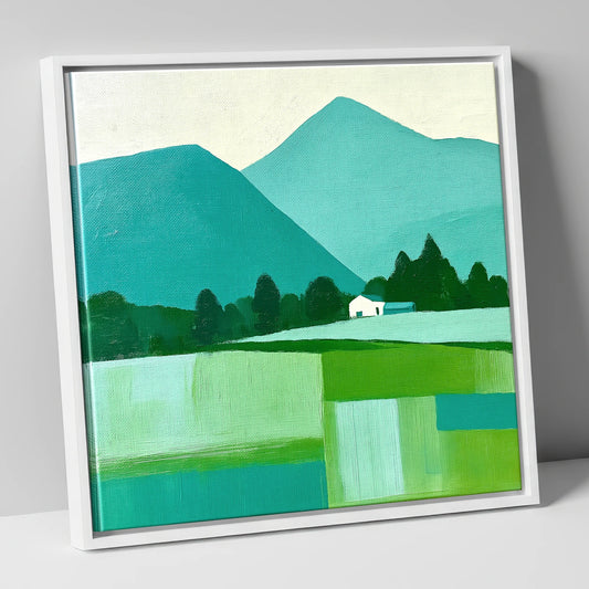 Geometric Grasmere Fells in Teal lake district lake canvas wall art in white frame