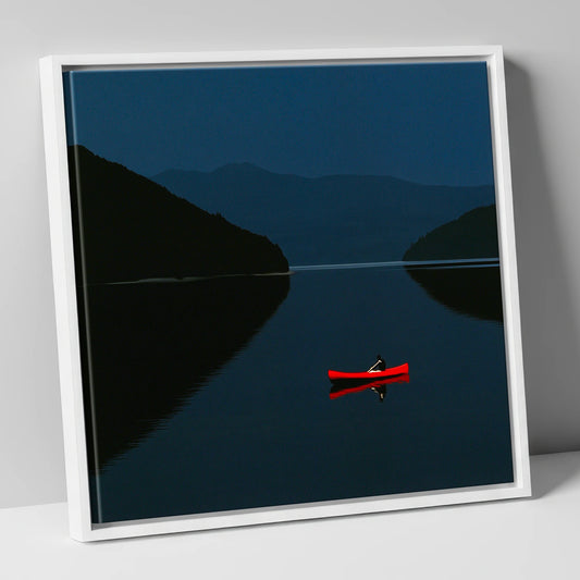 Red Kayak on Twilight Lake lake district walking canvas wall art in white frame