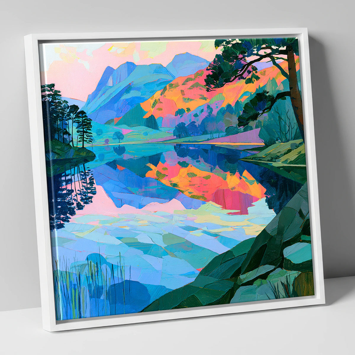 Vibrant Dawn Over Still Lake lake district lake canvas wall art in white frame