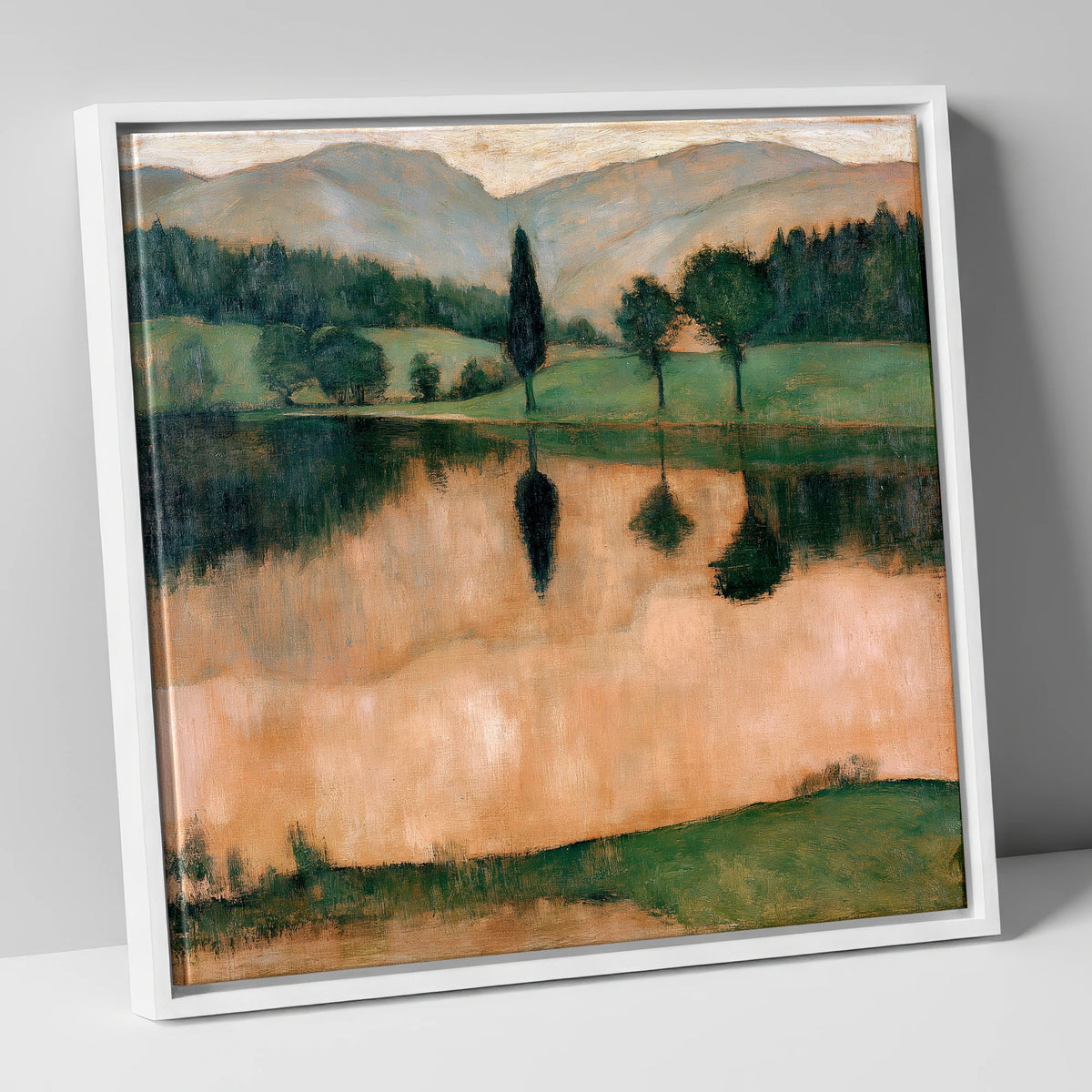Warm Reflections on a Calm Lake lake district lake canvas wall art in white frame