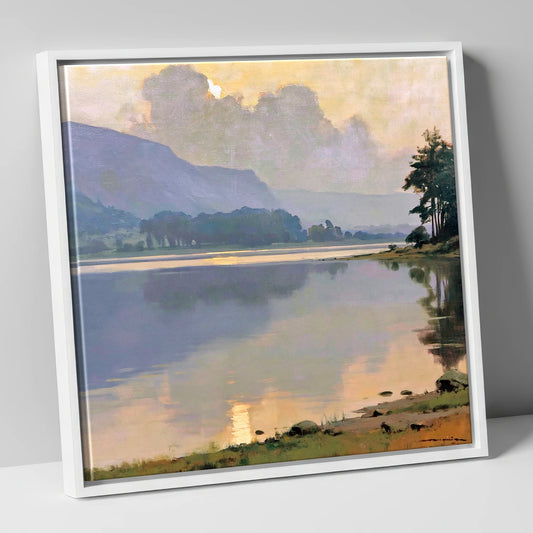Golden Light on Calm Lake lake district lake canvas wall art in white frame