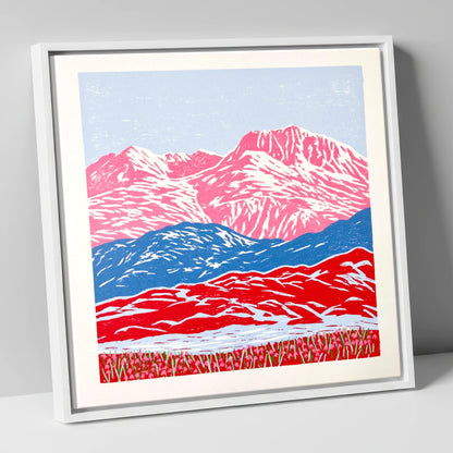 Bowfell in Bold Pink and Blue lake district fell canvas wall art in white frame