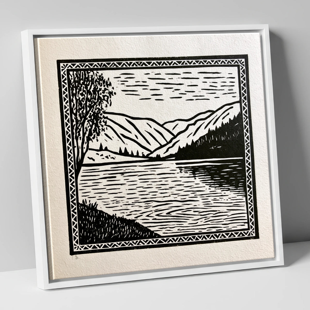 Monochrome Lake at Dawn lake district lake canvas wall art in white frame