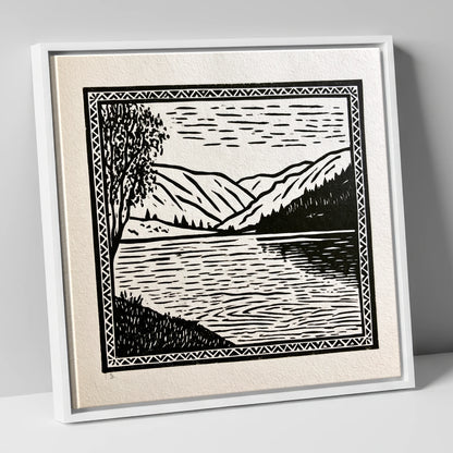Monochrome Lake at Dawn lake district lake canvas wall art in white frame