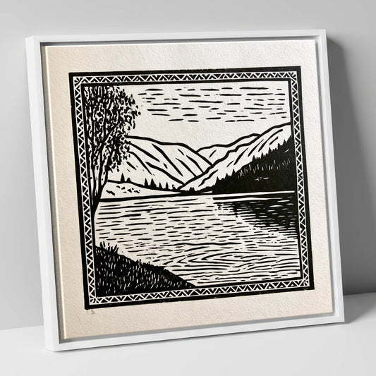Monochrome Lake at Dawn lake district lake canvas wall art in white frame
