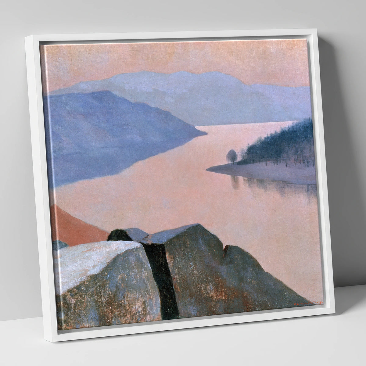 Ullswater in Soft Peach Light lake district lake canvas wall art in white frame