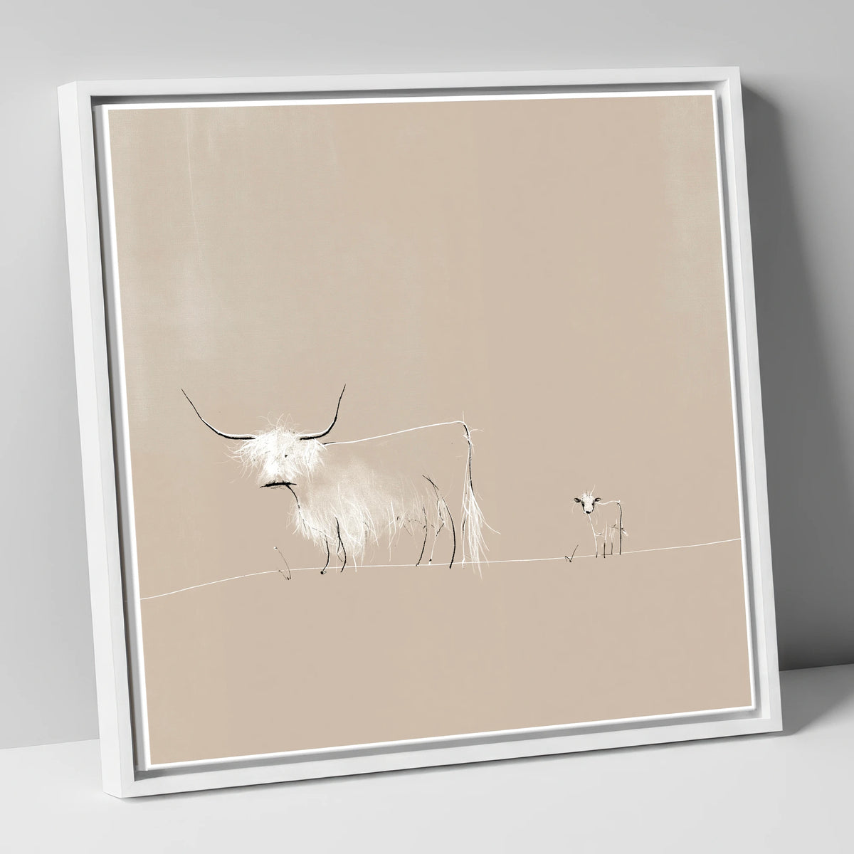 Highland Cattle on Warm Beige lake district wildlife canvas wall art in white frame
