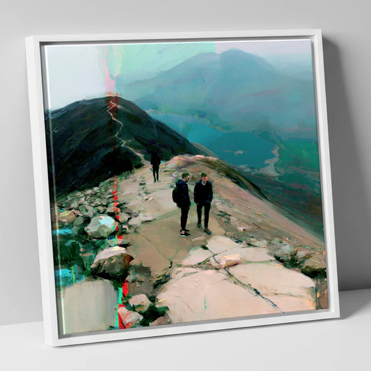 Mountain Hikers on Misty Ridge lake district fell canvas wall art in white frame