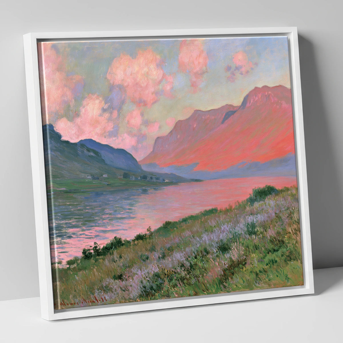 Mountain Lake in Pink Sunset lake district lake canvas wall art in white frame