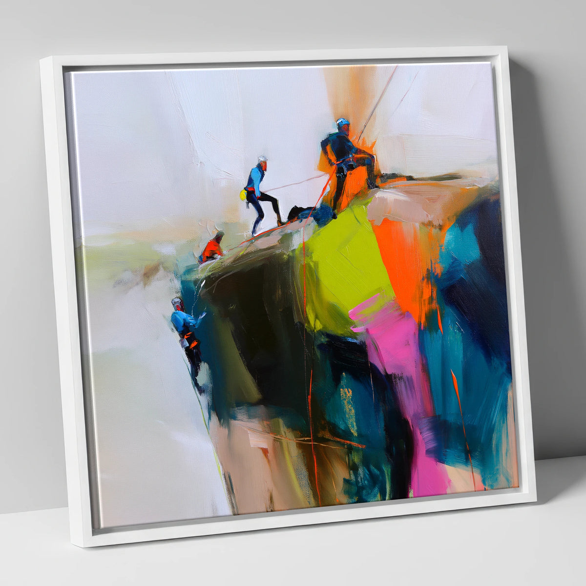 Crag Climbers in Vibrant Colour lake district walking canvas wall art in white frame