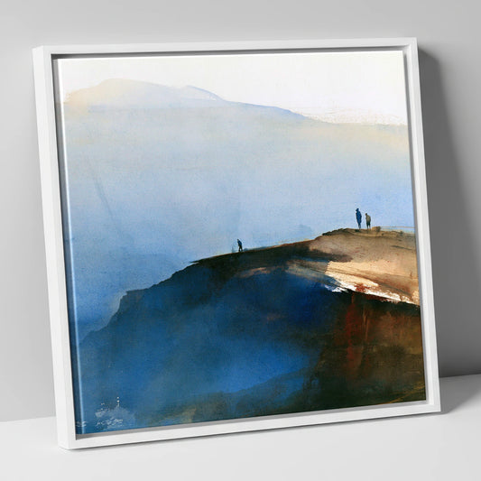 Indigo Fell Edge with Hikers lake district fell canvas wall art in white frame