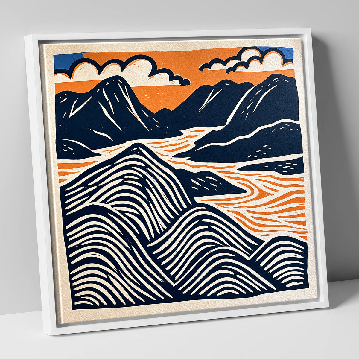 Mountain Summit in Navy and Orange lake district fell canvas wall art in white frame