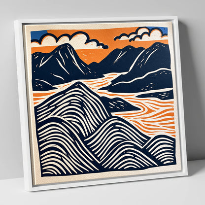 Mountain Summit in Navy and Orange lake district fell canvas wall art in white frame